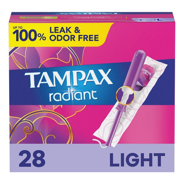 Tampax Radiant Tampons Light Absorbency with BPA-Free Plastic Applicator and LeakGuard Braid, Unscented, 28 Count x 3 Packs (84 Count Total)
