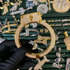 ICEDIAMOND 14K Gold Plated Hip Hop Iced Out Drama Handcuff Design Bangle, Micro-setting Bright Zirconia Stones with Long Serrated Lock Buckle Bracelet for Men (Gold)