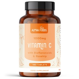 Vitamin C 1000mg | 180 Vegan VIT C Tablets [6 Month Supply] | High Strength Ascorbic Acid | with Added Bioflavonoids & Rosehip | for Normal Immune System | Alpha Foods