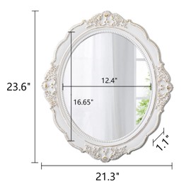 Sintosin Vintage Oval Wall Mirror 21 x 24 inch, Handmade Distressed White Wood Frame Entryway Mirror with Beaded Detailing, Decorative Small Mirrors for Wall Decor Living Room, Horizontal or Vertical