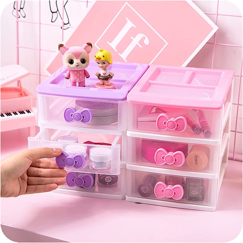 BxuxJar 3 Drawer Storage Organizer Small Plastic Drawer Kawaii Pink