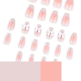 Ombre Pink Cat Eye French Press on Nails Medium Short Coffin KQueenest Cute 3D Bow Full Cover Glitter Fake Nails Sparkle Bling Gradient Acrylic False Nails Press ons Stick on Nails for Women 24 Pcs