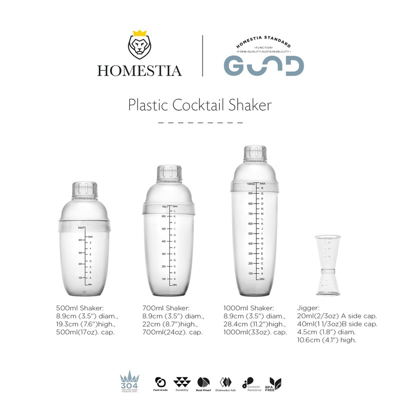Homestia 2Pcs Plastic Cocktail Shaker with Double Jigger Set, 33oz/1000cc