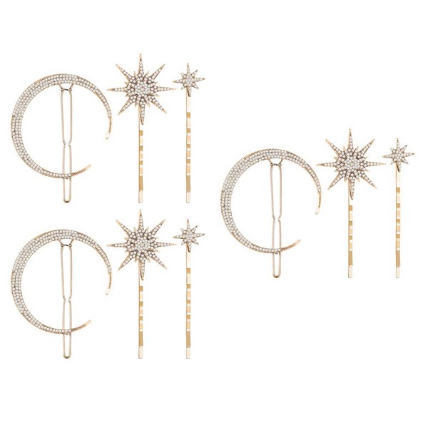 Lurrose Pack of 9 Stars and Moon Hair Clips Vintage Rhinestone Star Hair Pin Metal Alloy Moon Hair Clips for Women Girls Thick Hair Accessories