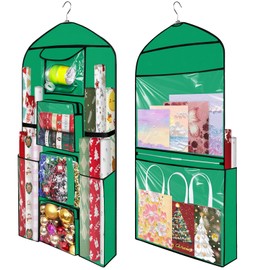 Hanging Gift Wrapping Paper Organizer Storage 48x24 Inch Double-Sided Over The Door Christmas Wrapping Storage Containers Gift Wrapping Organizer Present Paper Craft Roll Holder for Closet Door（Green）