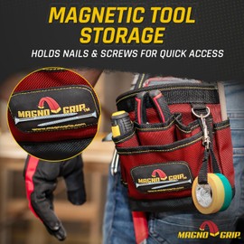 MagnoGrip 9-Pocket Magnetic Tool Pouch – Heavy-Duty 1680D Ballistic Polyester, Durable and Water-Resistant Tool Belt Pouch with Magnetic Storage for Carpenters, Electricians & DIY Enthusiasts - Red.