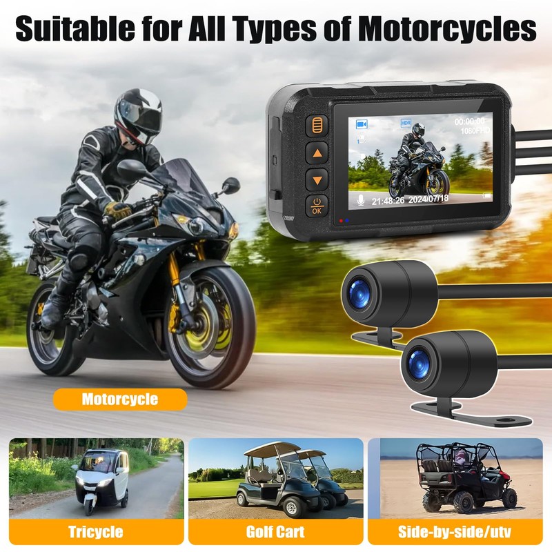CAMECHO Motorcycle Dash Cam Front and Rear, Night Vision Dash