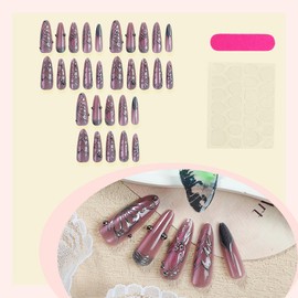 30Pcs Long Stiletto Press on Nails Handmade Acrylic Fake Nails with 3D Heart Flower Design Glitter Full Cover False Nails Artificial Nails Press ons Reusable Stick on Nail for Women Manicure Decor