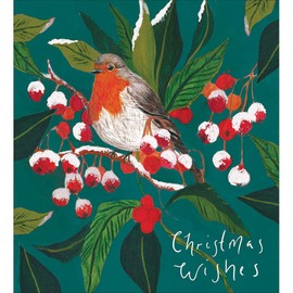 Woodmansterne Artistic Charity Christmas Cards - Robin & Berries Snowy Branch - Eco-Friendly & Recyclable - Pack of 5 Cards