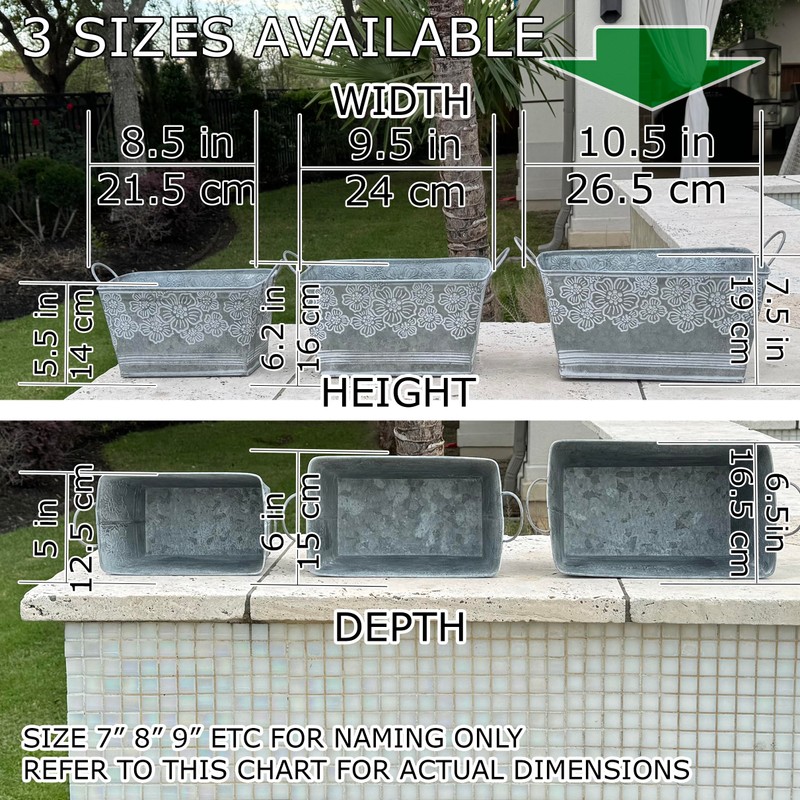 allgala Galvanized Planter Pot Indoor and Outdoor Decoration-Rectangle Grey-9"-HD88315