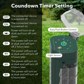HBN Outdoor Power Strip Timer with Photocell, Yard Stake Countdown Timer(2, 4, 6, 8 Hour),Outside Lights Timer Dusk to Dawn,Weatherproof Extension Cord for Christmas Lights, Outdoor Lights,6 Outlets