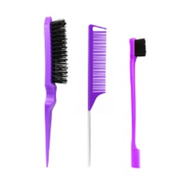 slick back hair brush, Comb Set, purple comb,3 Pcs，Slick Back Brush with Edge Brush, styling comb for kids for middle part，Rat Tail Comb, Teasing Brush Set for Smoothing brush Baby Hair