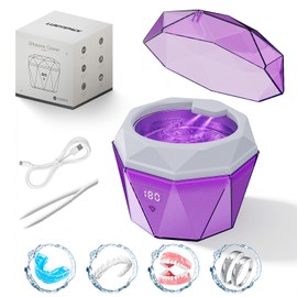 Rechargeable Ultrasonic Cleaner with 2*2000mAh Battery, 18±3W Denture Cleaner Machine| 43±5KHz Sonic, Digital Timer, U-V-C Light, Dental Retainer Cleaning Pod for Invisalign Mouthguard Braces Jewelry