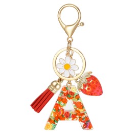 MWOOT Keyring Letter A, Keyring with Initial Letters Strawberry Daisy Tassels Pendant for Women Girls Resin Fruit Key Rings Name for Backpack Handbags Charms, red