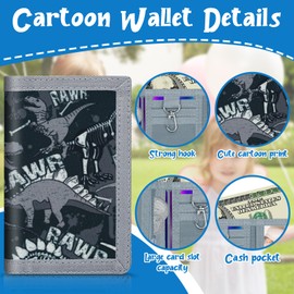 ZHONYEE Kids Wallet with Lanyard for Boys Age 4-12 Years Trifold Toddler Purse Zipper Coin Pocket Card Holder for Kids Birthday Gifts, Grey Dinosaur, Modern