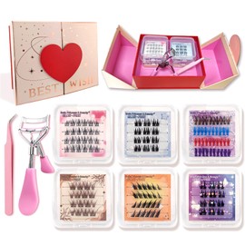 6 Styles Mixed Selbstklebende Wimpern Cluster Kit with Lashes Curler, vorgeklebte Wimpernbüschel 128 Stück Flauschiges C Curl Einzelwimpern Kein Kleber Kein Entferner (Gift)