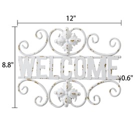 Sintosin Rustic Metal Welcome Sign for Front Door 12 Inch, Hanging Distressed White Wrought Iron Wall Decor, Decorative Welcome Sign for Front Porch Living Room Home Wall Art Outdoor Indoor