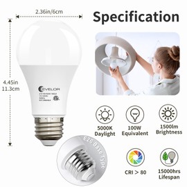 evelor A19 LED Light Bulbs,100 Watt Equivalent Daylight 5000K Efficient 13W,1500 Lumens E26 Base Bright Lightbulbs, Non-Dimmable, 15000-Hour Lifespan for Bedroom, Living Room, Office, 6-Packs