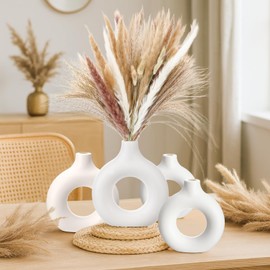 Solsew 4 Set White Donut Vase with 100 Pcs Dried Pampas Grass Flowers for Modern Beige Room Hollow Boho Minimalist Plastic Nordic Round Cute Vases for TV Stand Living Room Table Bedroom Office Decor