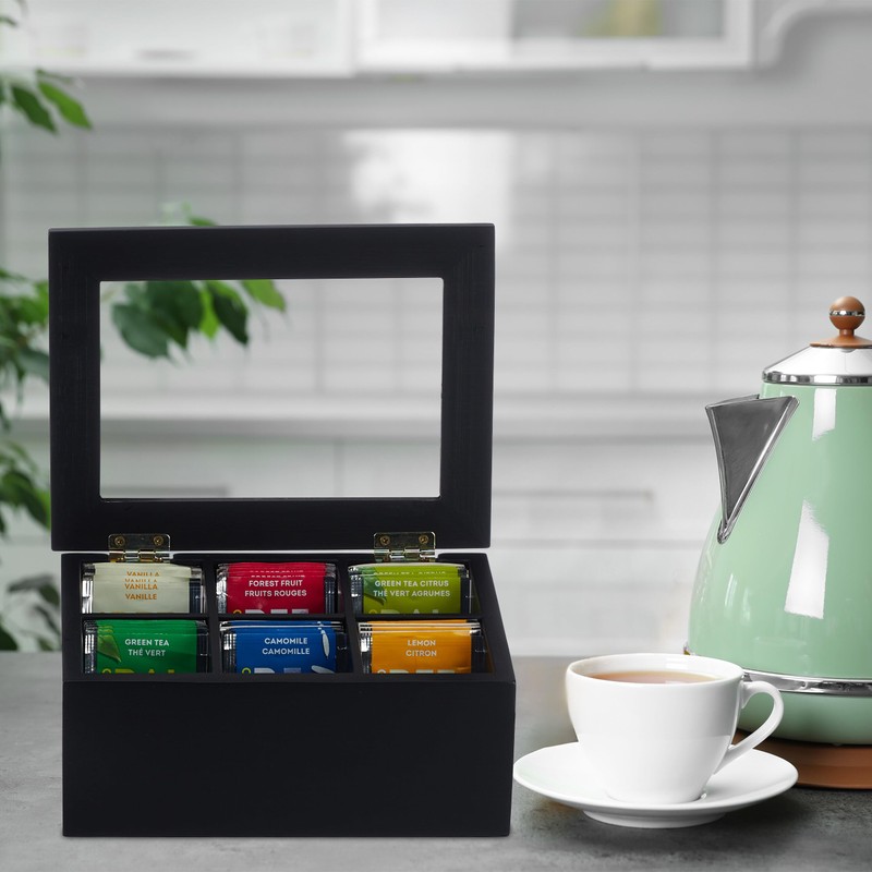 Relaxdays Tea Box, 6 Compartments, Bamboo, H x D: 9