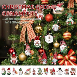 48 Pieces Gnome Ornaments for Christmas Tree, Assorted Gnome Wooden Hanging Ornaments Christmas Tree Hanging Decorations Holiday Party Supplies