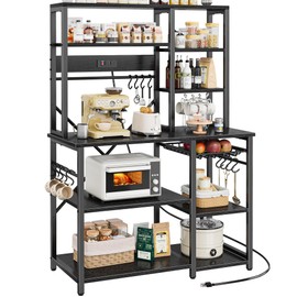 SUPERJARE Large Bakers Rack with Power Outlets, 6-Tier Microwave Stand, Coffee Bar with 12 S-Shaped Hooks, Kitchen Shelf with Wire Basket, 39.3 x 15.5 x 66.9 Inches, Black