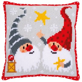Vervaco Cross Stitch Christmas Embroidery Kits Pillow Front for Self-Embroidery with Embroidery Pattern on 100% Cotton, 15,75 x 15,75 Inches - 40 x 40 cm, Christmas Gnome Star