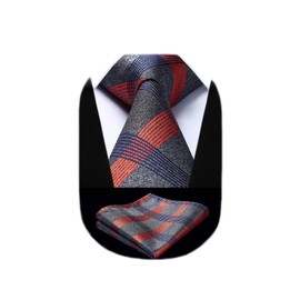 Hisdern HTC-01S Formal Tie for Men with Pocket Square, W 3.3 inches (8.5 cm), Easy-Care, Washable, Checkered, Stripe, Business Brand for Weddings, Job Interviews, Formal Occasions, Gift, 38 Patterns