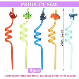 Reusable Straw, Pack of 8 Dinosaur Straws for Children, Plastic Curly Straws, Birthday Party Straws, Reusable Straws, Decorations for Children's Birthday Parties