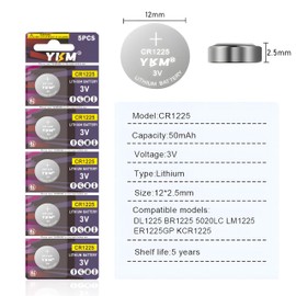 YKM CR1225 3V Battery BR1225 CR 1225 Lithium Button Coin Cell【5-Year Warranty】 (20 Pack)
