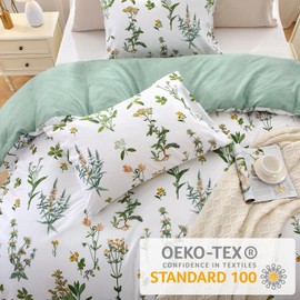 MUXHOMO Duvet Cover Full Size, Reversible Floral Green Duvet Cover Set with Zipper Closure, 3 Pieces Botanical Patterns Soft Microfiber Bedding Set with 4 Ties (80"x90", 2 Pillow Cases)