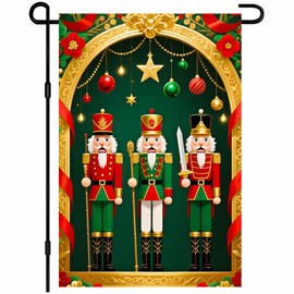 IVN Christmas Garden Flag Three Nutcracker Soldiers With Ornaments And Golden Frame 12x18 Inch Double-Sided Outdoor Yard Flag Suitable For Porch And Yard