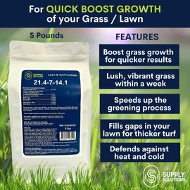 Supply Solutions 21.4-7-14.1 Lawn and Turf Fertilizer with Iron - Achieves a Lush Green Lawn in Weeks - Turf Builder for All Grass Types - for Greener Grass Lawn Fertilizer (5lbs)