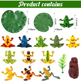WhistenFla 32 Packs Mini Plastic Frog Toys and Artificial Lily Pads,Include 12 Colorful Plastic Frogs and 20 Floating Lily Pads for Ponds， Artificial Pond Plants for Garden Pool Decor Party Favor