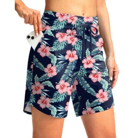G Gradual - Pantalones cortos de natación de cintura alta para mujer de 7 pulgadas con bolsillos, secado rápido, pantalones cortos de natación para playa con forro, Flor azul marino , Large
