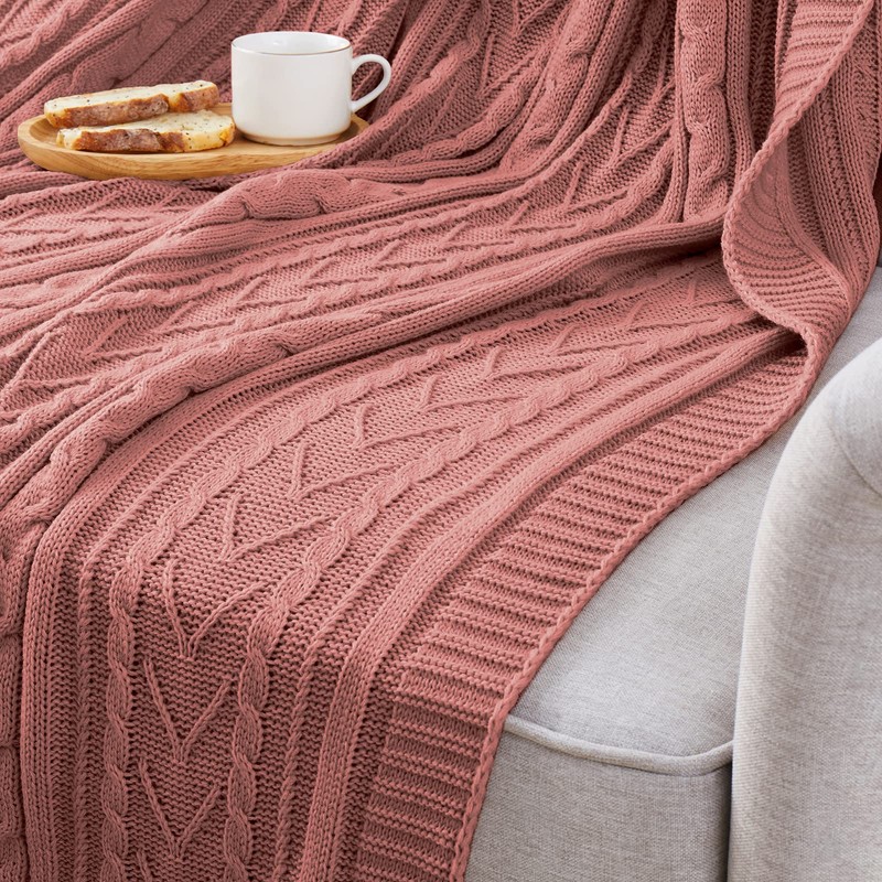 Aormenzy Dusty Pink Cable Knit Throw Blanket Oversized, 60" x