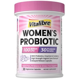 Vitalibre Probióticos para mujeres 30 cepas, 100 mil millones de UFC Probióticos vaginales con enzimas digestivas, prebióticos y arándano para la...  