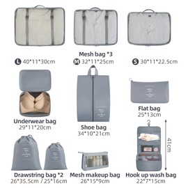 Logei Suitcase Organiser Set, 10-Piece Packing Cubes, Suitcase Organiser, Packing Bags Set, Travel Organiser, Packing Cubes, Organiser System with Clothes Bags, Shoe Bag for Suitcases (Grey)