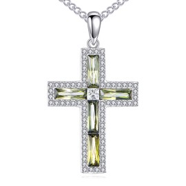 YFN Birthstone Cross Necklace Sterling Silver Green Cubic Zirconia Pendant Religious Jewellery August Birthday Gifts for Women Men