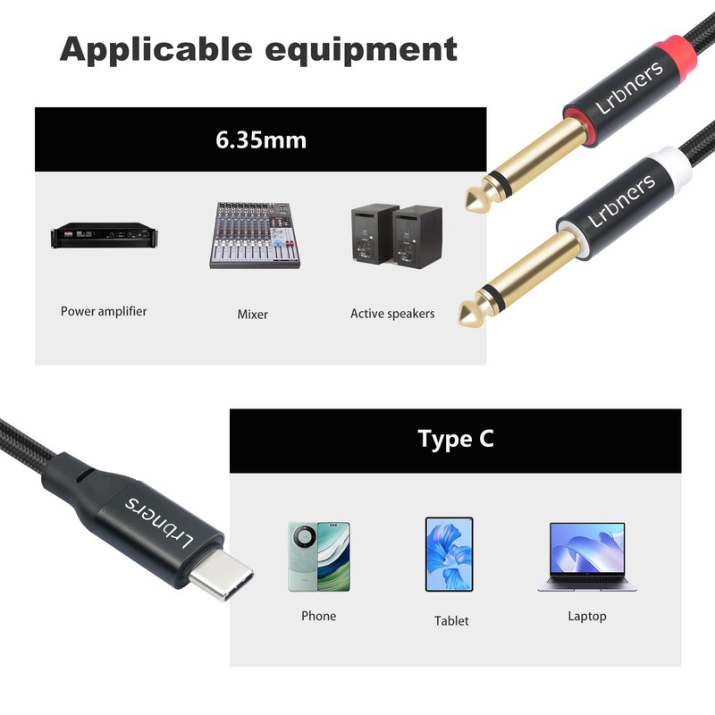Lrbners 6.6FT(2M) USB-C to Dual 6.35mm TS Male Cable -