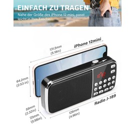 PRUNUS J-189 FM/UKW Kleines Radio mit Bluetooth, Kofferradio mit Heavy Bass Lautsprechern, TF/USB/AUX-Player, Digital Radio mit Akku Wiederaufladbare, LED-Taschenlampe(Schwarz)