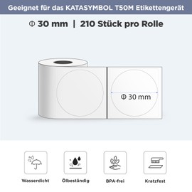 SUPVAN Katasymbol T50M Pro Label Tape Paper, Waterproof Labels for Home, School, Office, Diameter 30 mm, 210 Labels/Roll (Transparent)