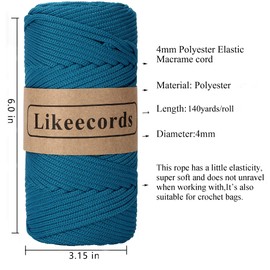 Likeecords 4mm Polyester Braided Macrame Cord 140Yards /426Feet,Elastic Yarn for Crocheting Bag Cord for DIY Crafts,Plant Hangers, Bag, and Home Decorations(Peacock Blue)