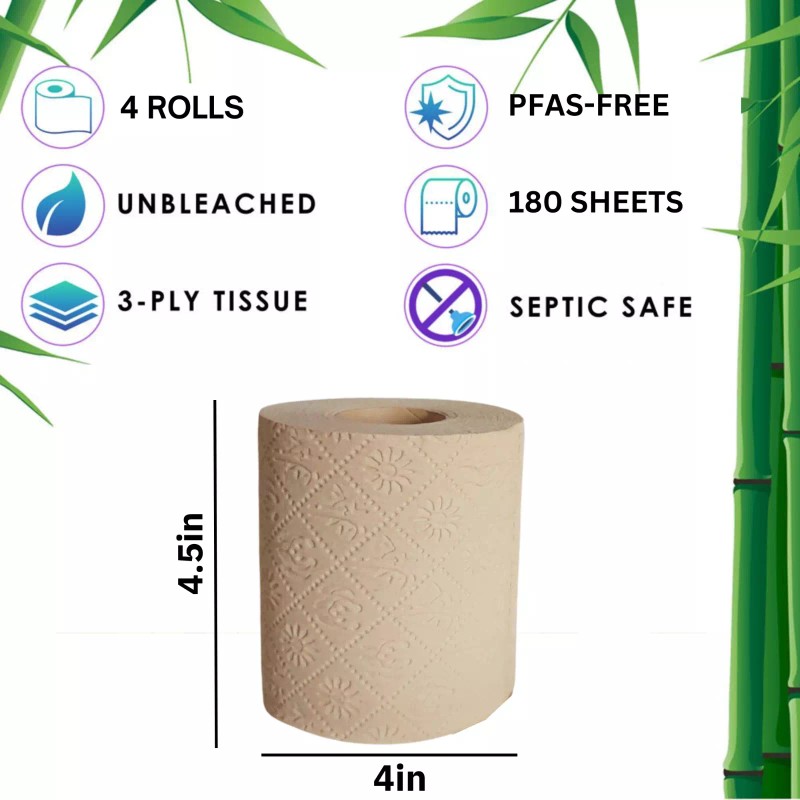 BOONBOO Bamboo Toilet Paper, PFAS-FREE, 3-Ply Unbleached, 4 Rolls