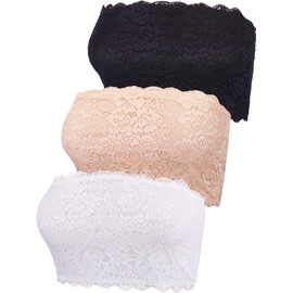 Boao - 3 piezas de encaje floral para mujer, sin tirantes, sin costuras, elástico en el pecho, Negro, Blanco, Beige, L