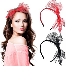 Neptniopllab 2 Pieces Neon Lace Bow Headband,Elastic Women's 1980s Neon Lace Headband for Women, Good for Carnival, Christmas Party, Daily Decoration (Red and black, standard)