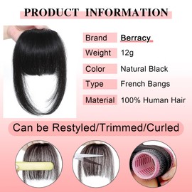 Berracy Bangs Hair Clip in Bangs 100% Real Human Hair Extensions Fake French Bangs Fringe with Temples Curtain Flat Neat Front Thick Hairpieces for Women Kids Daily Wear Wear Black