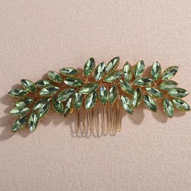 Lenjicons Dainty Rhinestone Hair Comb Teardrop Rhinestone Wedding Hair Comb Handmade Crystal Headpiece Bridal Hair Accessories for Brides Bridesmaid (Grass green(gold))
