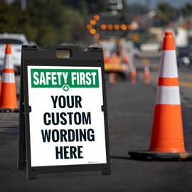 Sigo Signs, Custom Safety First Folding Floor Sign, A frame/Sandwich Board Sign Kit With Two Panel Sign, 18x24 Inches, With A Frame Stand, Made in USA