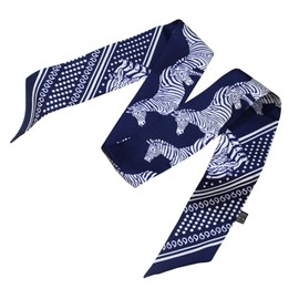 JERLA 100% Mulberry silk Scarf handbag wrap wrap Tie Bundle head Hair Ribbon Scarf Neckerchief Scarf for women men (Polka dot zebra navy blue)